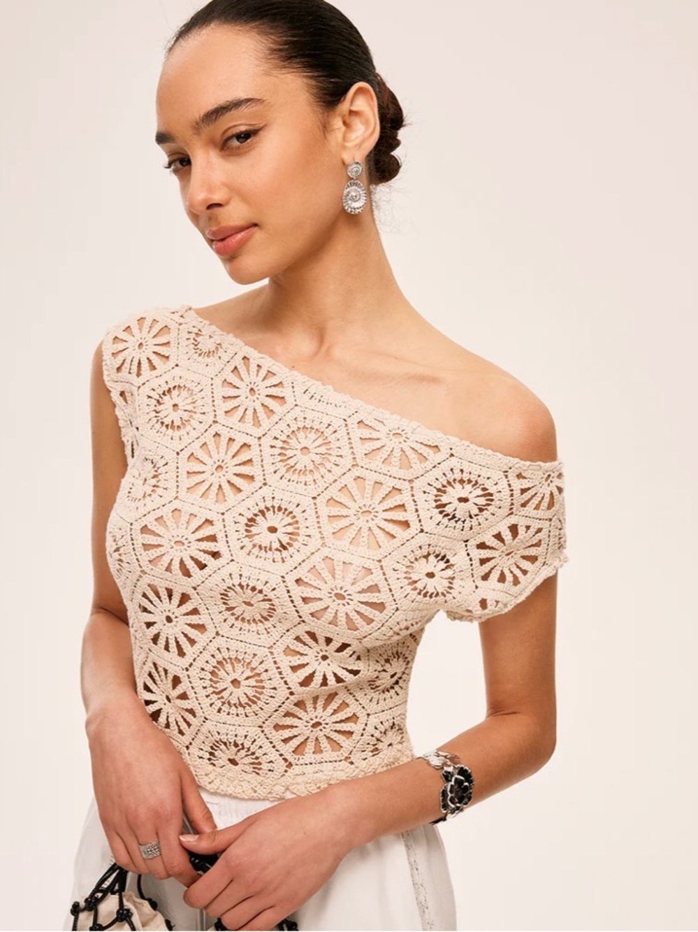 One-Shoulder Crochet Knit Top in Beige